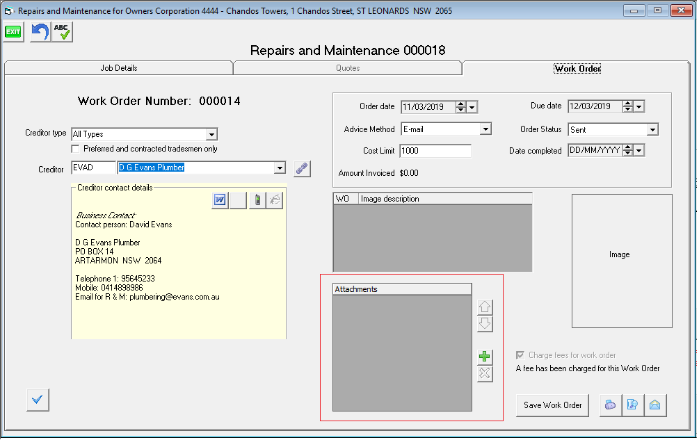 Attachments to work orders screen