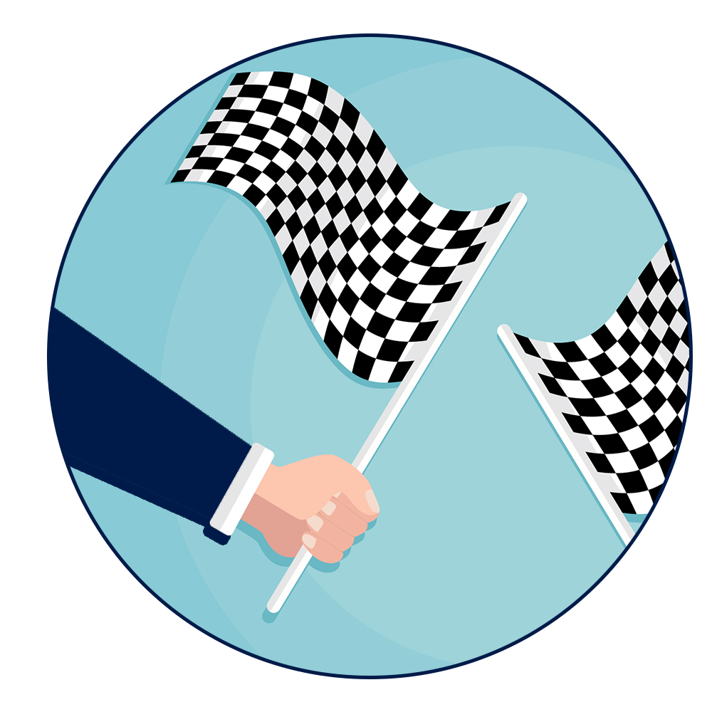an arm in abusiness suit grabbing a checkered flag