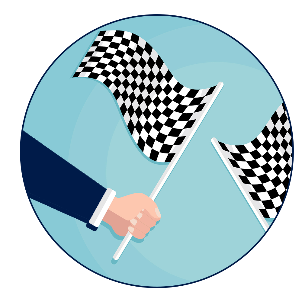 an arm in abusiness suit grabbing a checkered flag