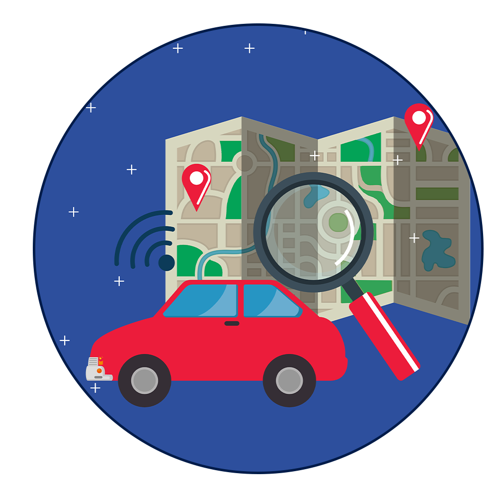 car with map and location pins planning journey concept